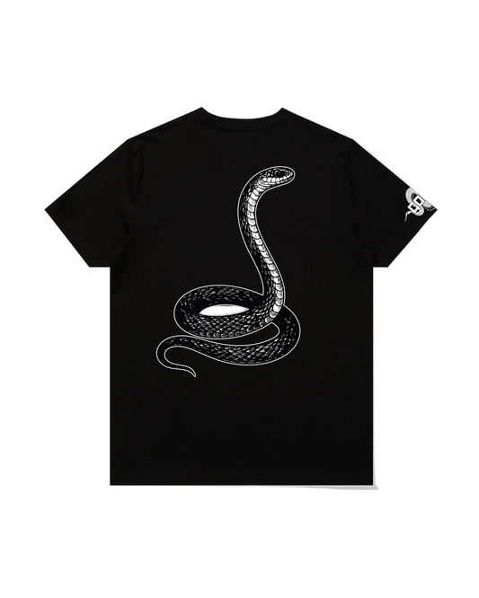 Black t-shirt with a white snake design on a pristine white background