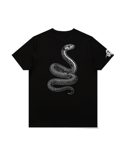Black t-shirt with a white snake design on a pristine white background