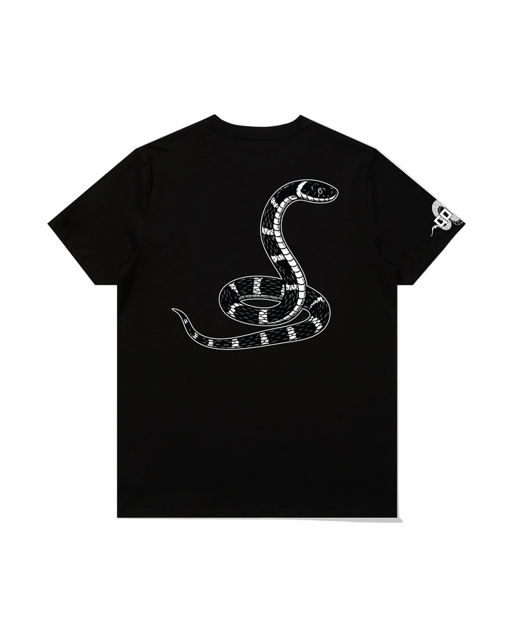 Black t-shirt with a white snake design on a pristine white background