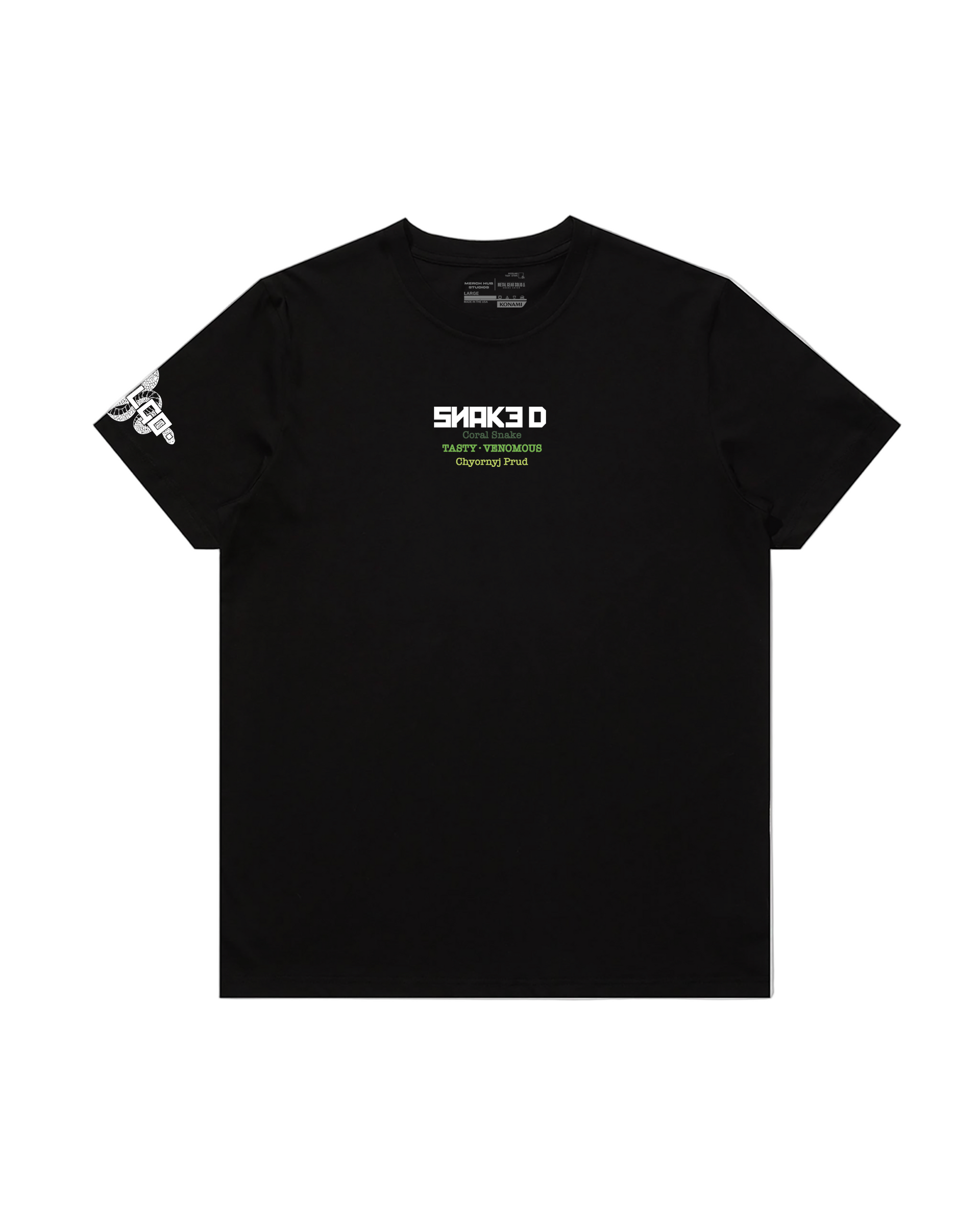 Black t-shirt with white and green text and graphics on a pristine white background