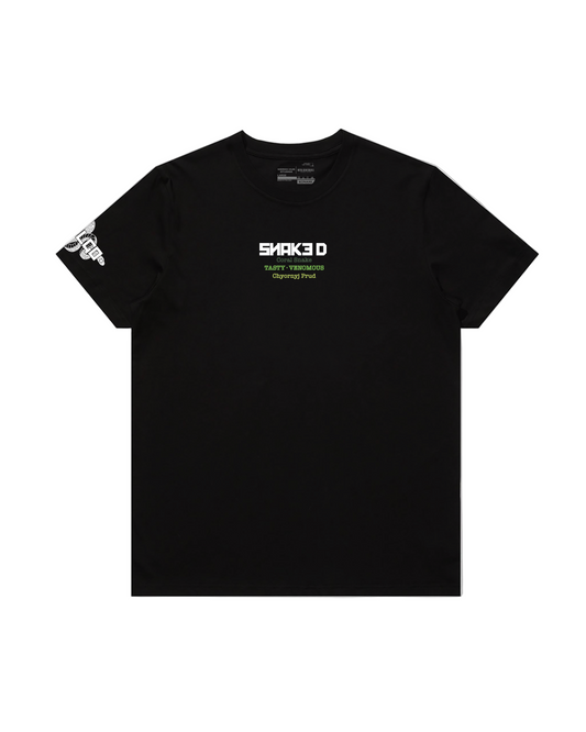Black t-shirt with white and green text and graphics on a pristine white background