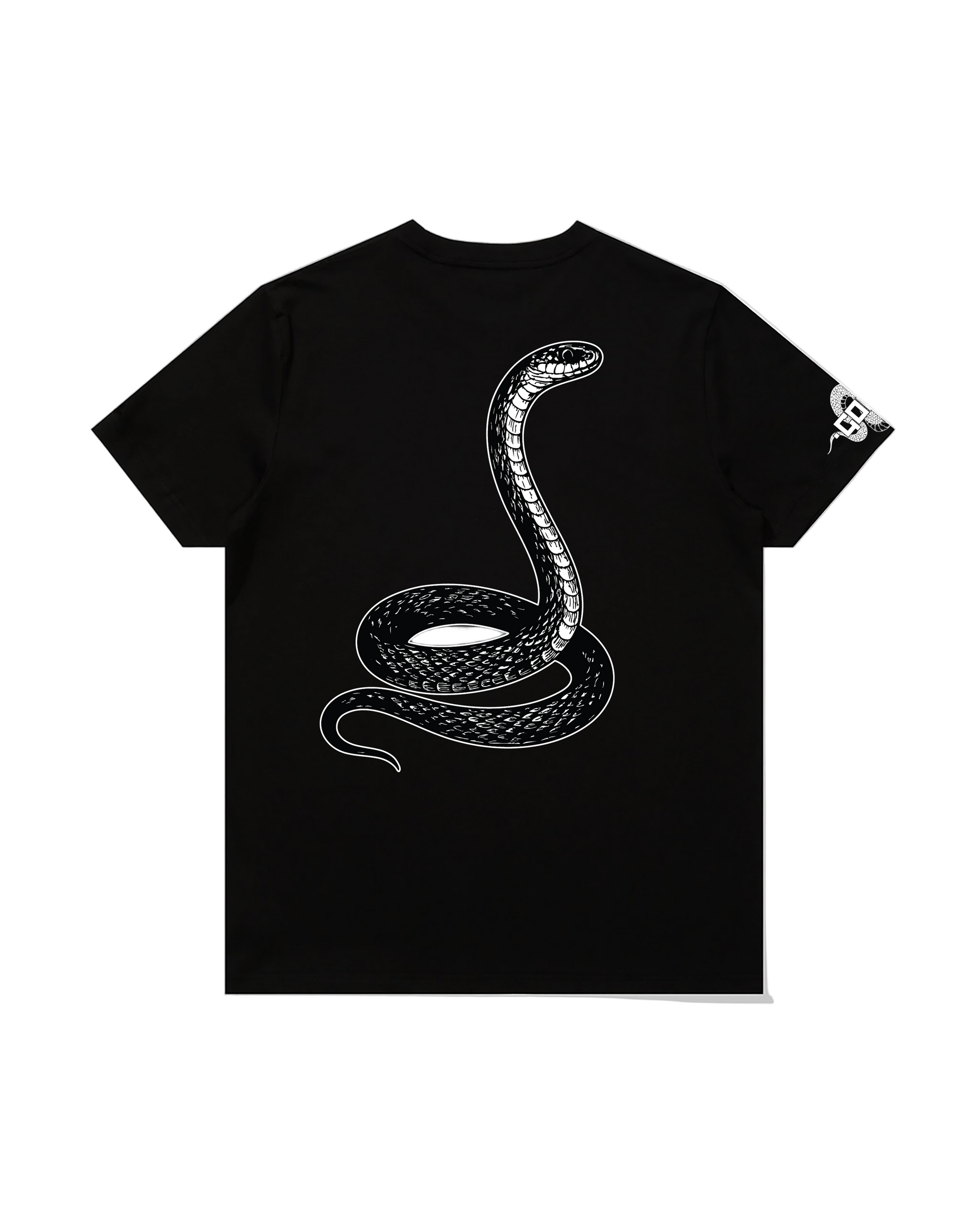 Black t-shirt with a white snake design on a pristine white background