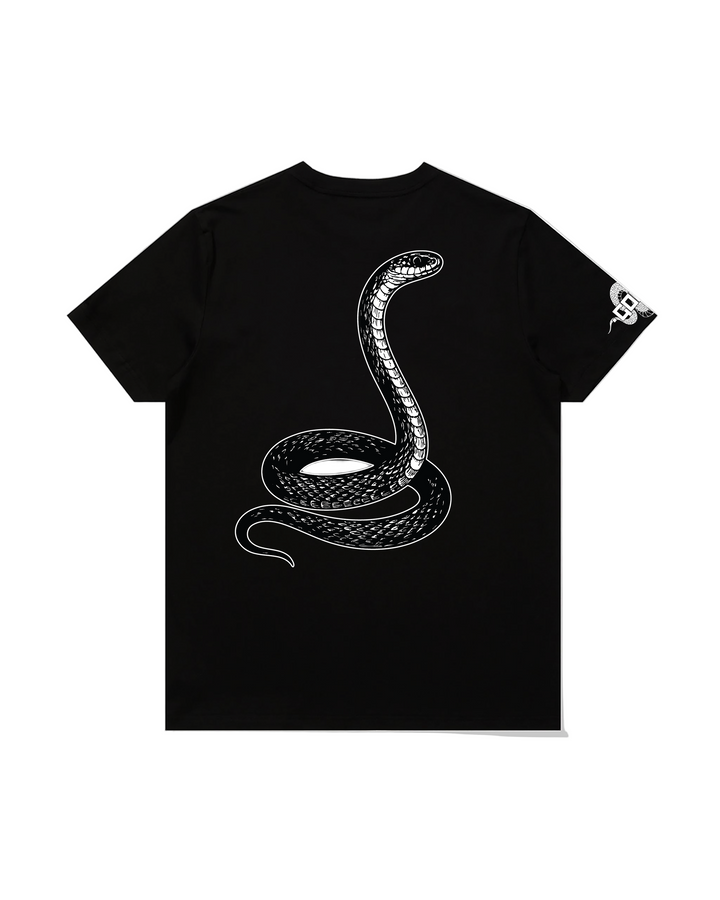 Black t-shirt with a white snake design on a pristine white background