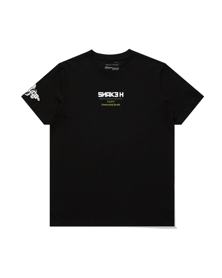 Black t-shirt with white text and logo on a pristine white background