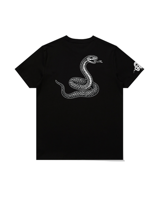 Black t-shirt with a white snake design on a pristine white background