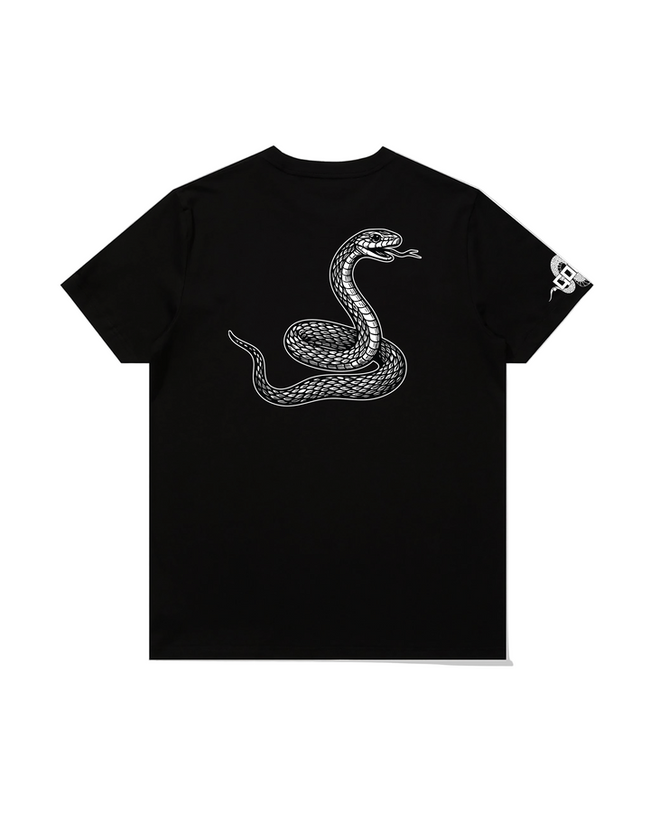 Black t-shirt with a white snake design on a pristine white background