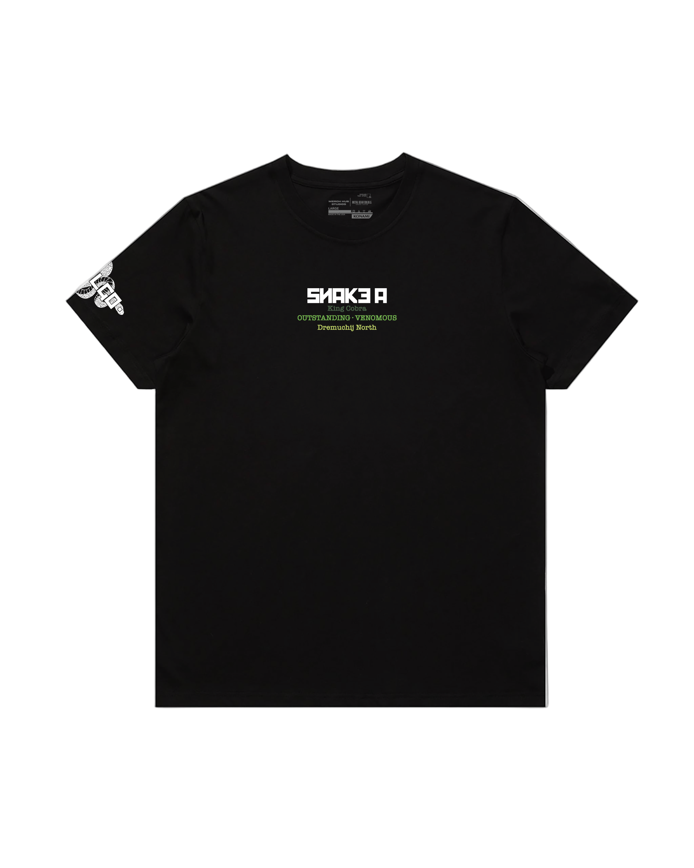 Black t-shirt with 'SHAK3R' logo on a pristine white background