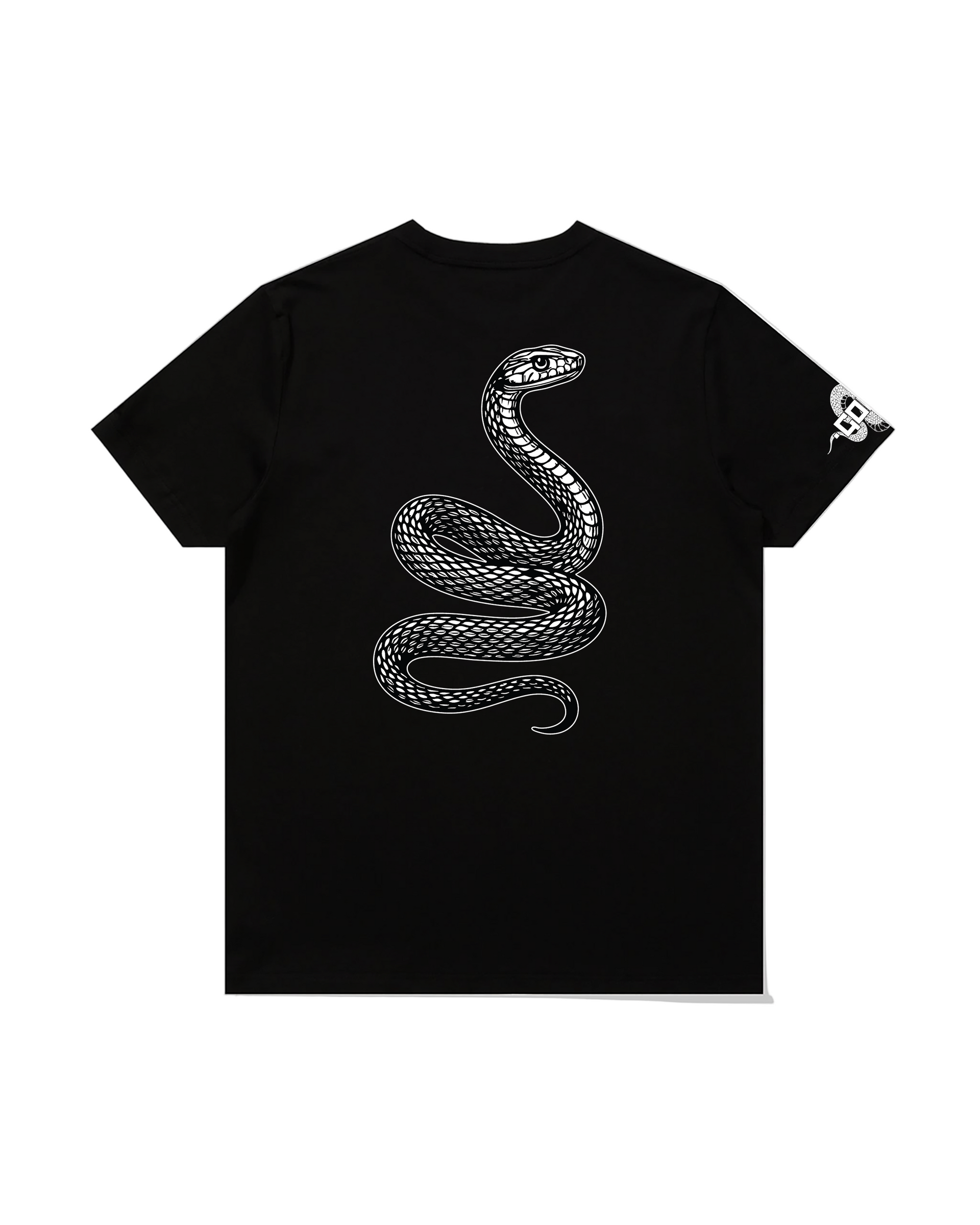 Black t-shirt with a white snake design on a pristine white background