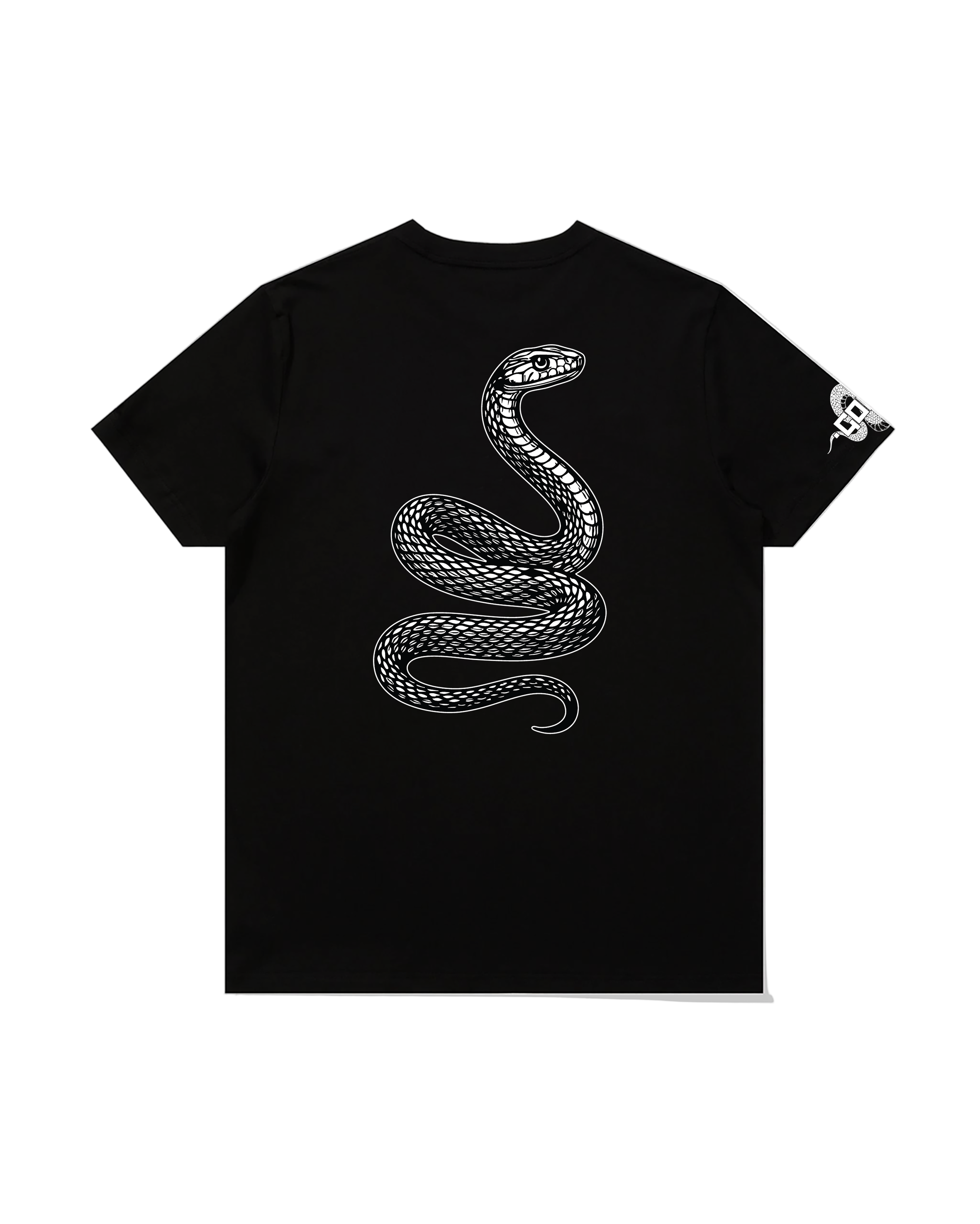 Black t-shirt with a white snake design on a pristine white background