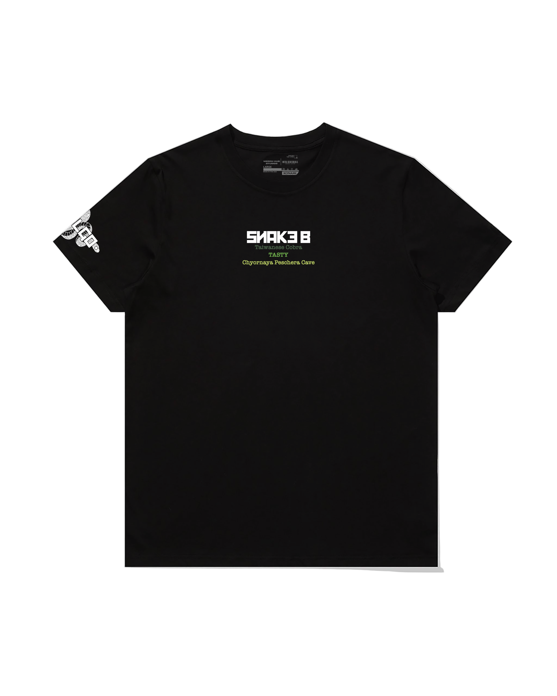 Black t-shirt with white text and logo on a pristine white background