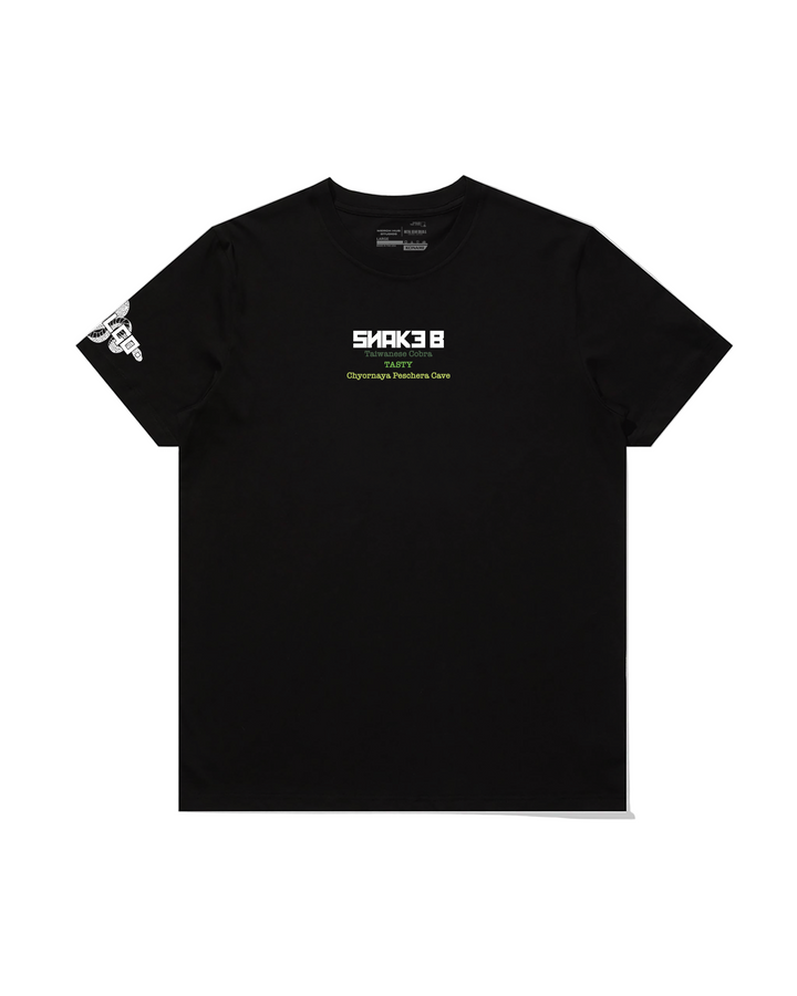 Black t-shirt with white text and logo on a pristine white background